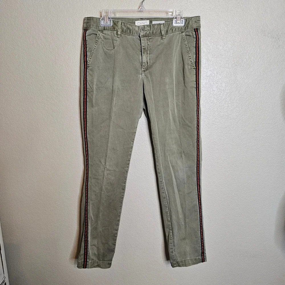CHINO by Anthropologie Olive Green Relaxed Fit Pants Navy/Orange Side Stripe 30 - Picture 2 of 9